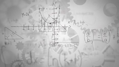Animation-of-mathematical-equations-and-cogs-over-white-background