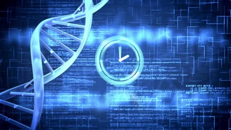 Animation-of-clock-with-dna-helix-over-computer-language-against-squares-on-blue-background
