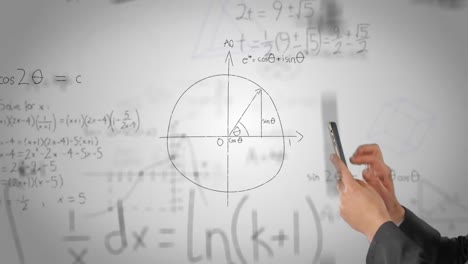 Animation-of-mathematical-equations-and-caucasian-woman-using-smartphone-over-white-background