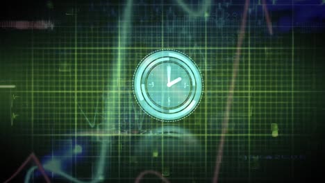 Animation-Der-Tickenden-Uhr-Und-Datenverarbeitung-über-Ein-Gitternetz-Vor-Grünem-Hintergrund