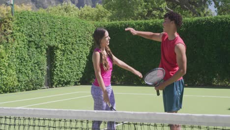 Happy-biracial-couple-with-tennis-rackets-high-fiving-in-garden-on-sunny-day