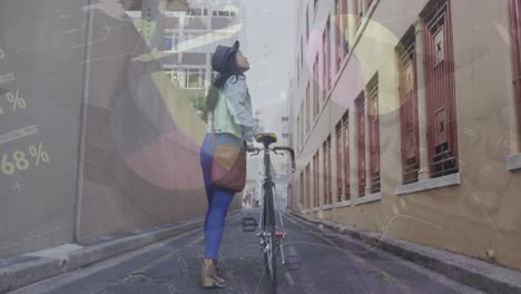 Animation-of-infographic-interface-over-asian-woman-looking-at-building-while-walking-with-bicycle