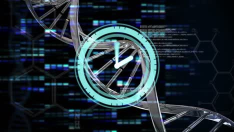 Animation-of-digital-clock-over-dna-helix-against-hexagons-and-bars-on-black-background