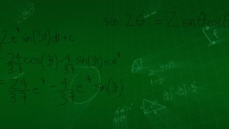 Animation-Mathematischer-Gleichungen-Und-Diagramme-über-Einem-Gittermuster-Vor-Grünem-Hintergrund