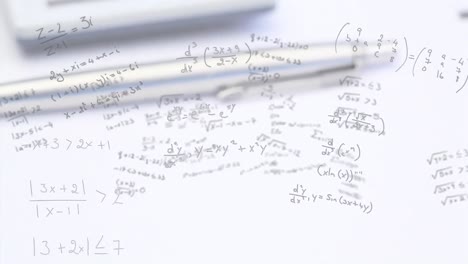 Animation-of-mathematical-equations-and-data-processing-over-calculator-and-pen-on-white-background