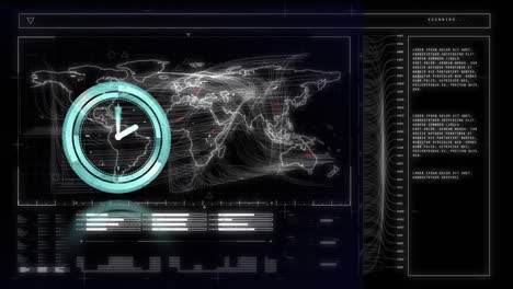 Animation-of-clock-moving-and-world-map-over-data-processing-on-black-background
