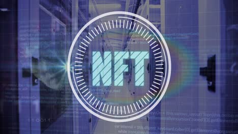 Animation-of-nft-text-banner,-rainbow-lens-flare-and-data-processing-against-computer-server-room