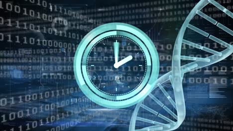 Animation-of-clock-with-dna-helix-over-looping-binary-codes-against-hud-interface-in-background