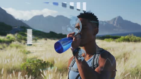 Animation-of-data-processing-over-african-american-man-drinking-water-during-country-hike