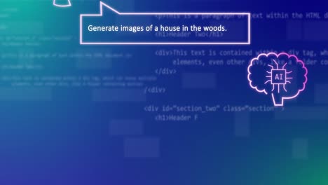 Animation-of-ai-technology-chat-and-images-of-house-in-woods-over-data-processing