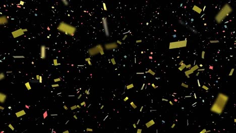 Animation-of-golden-confetti-falling-against-black-background-with-copy-space