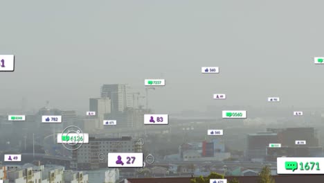 Animation-of-cursor-clicking-notification-label-and-changing-numbers-over-modern-cityscape