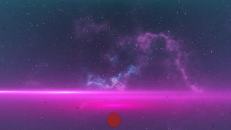 Animation-of-red-spots-floating-and-purple-light-trails-against-space-background