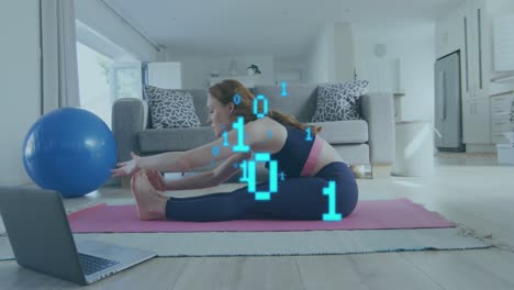 Animation-of-caucasian-woman-exercising-with-laptop-and-binary-coding-data-processing