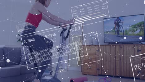 Animation-of-data-processing-over-caucasian-woman-cycling-on-stationary-bike-at-home