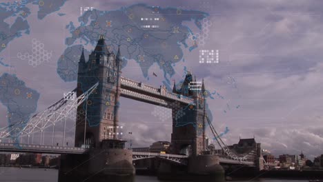 Animation-of-financial-data-processing-over-world-map-and-london-cityscape