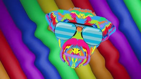 Animation-of-rainbow-face-in-glasses-over-rainbow-stripes-and-colours-moving-on-seamless-loop