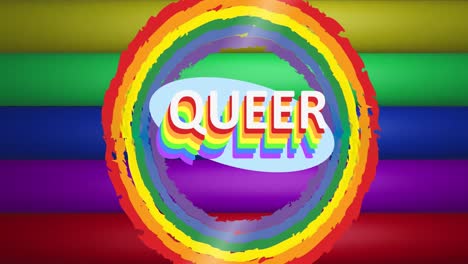 Animation-Von-Queerem-Text-Und-Regenbogenkreisen-über-Regenbogenstreifen-Und-Farben,-Die-Sich-In-Einer-Nahtlosen-Schleife-Bewegen