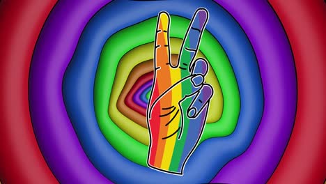 Animation-of-rainbow-hand-with-victory-sign-over-rainbow-circles-and-colours-moving-on-seamless-loop