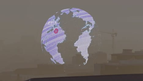 Animation-Von-Globus-Und-Flugzeug-über-Dem-Stadtbild