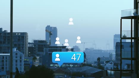 Animation-of-profile-icon-with-increasing-numbers-aerial-view-of-cityscape