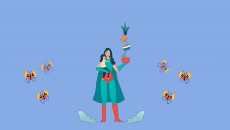 Animation-of-superhero-mother-with-daughter-and-butterflies-icons-on-blue-background