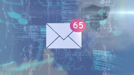 Animation-of-email-envelope-icon-and-data-processing-over-blue-background