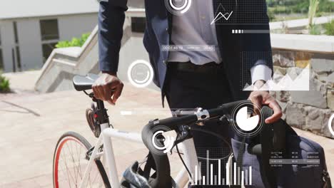 Animation-of-data-processing-over-african-american-businessman-with-bike
