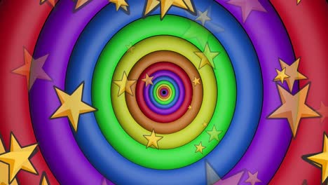 Animation-of-yellow-stars-over-rainbow-circles-and-colours-moving-on-seamless-loop