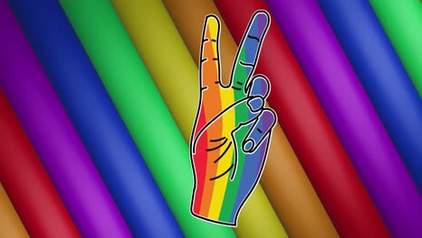 Animation-of-rainbow-hand-with-victory-sign,-stripes-and-colours-moving-on-seamless-loop