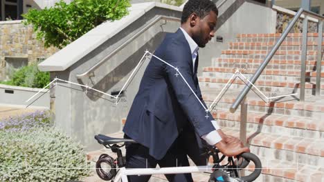 Animation-of-financial-data-processing-over-african-american-businessman-with-bike