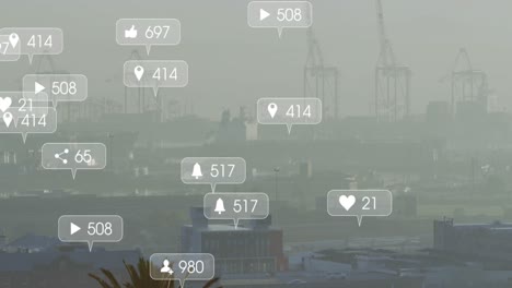 Animation-of-notification-and-changing-numbers,-fog-covered-buildings-and-cranes