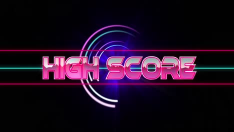 Animation-of-high-score-text-in-lines-over-illuminated-circles-and-lens-flare-on-black-background