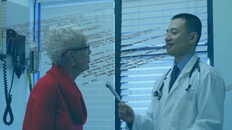 Animation-of-data-processing-over-asian-male-doctor-with-female-patient