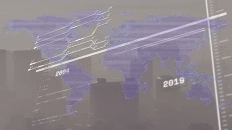 Animation-of-world-map-and-data-processing-over-cityscape