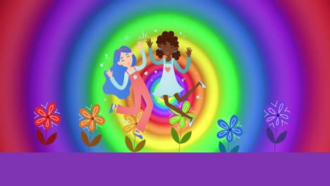 Animation-of-female-couple-over-rainbow-circles-and-colours-moving-on-seamless-loop