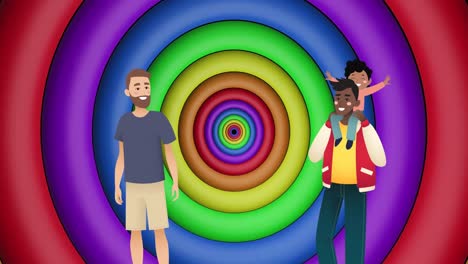 Animation-of-male-couple-with-child-over-rainbow-circles-and-colours-moving-on-seamless-loop