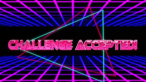 Animation-of-challenge-accepted-text-over-triangles-and-grid-pattern-against-black-background