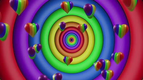 Animation-Von-Regenbogenherzen-über-Regenbogenkreisen-Und-Farben,-Die-Sich-In-Einer-Nahtlosen-Schleife-Bewegen