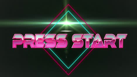Animation-of-press-start-text-over-rhombuses-and-lens-flares-against-black-background