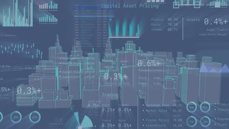 Animation-Der-Finanzdatenverarbeitung-über-Einem-3D-Stadtmodell