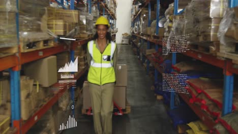 Animation-of-financial-data-processing-over-biracial-woman-working-in-warehouse