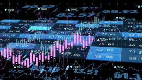 Animation-of-financial-data-processing-on-screens-over-black-background