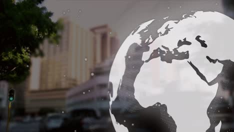 Animation-Eines-Globus,-Der-Sich-über-Der-Stadtlandschaft-Dreht