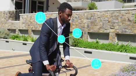 Animation-of-connections-with-data-processing-over-african-american-businessman-with-bike