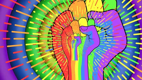Animation-of-rainbow-fists-over-rainbow-circles-and-colours-moving-on-seamless-loop