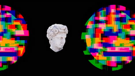 Animation-of-antique-head-sculpture-over-multi-coloured-circles-on-black-background