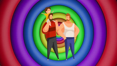 Animation-Eines-Männlichen-Paares-Mit-Kind-über-Regenbogenkreisen-Und-Farben,-Die-Sich-In-Einer-Nahtlosen-Schleife-Bewegen