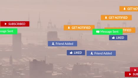 Animation-of-cursors,-notification-labels-over-aerial-view-of-fog-covered-modern-cityscape