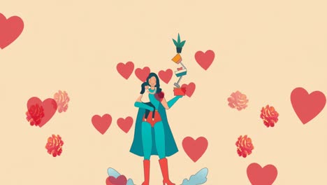 Animation-Einer-Superheldenmutter-Mit-Tochter--Und-Herzsymbolen-über-Blumen-Auf-Beigem-Hintergrund